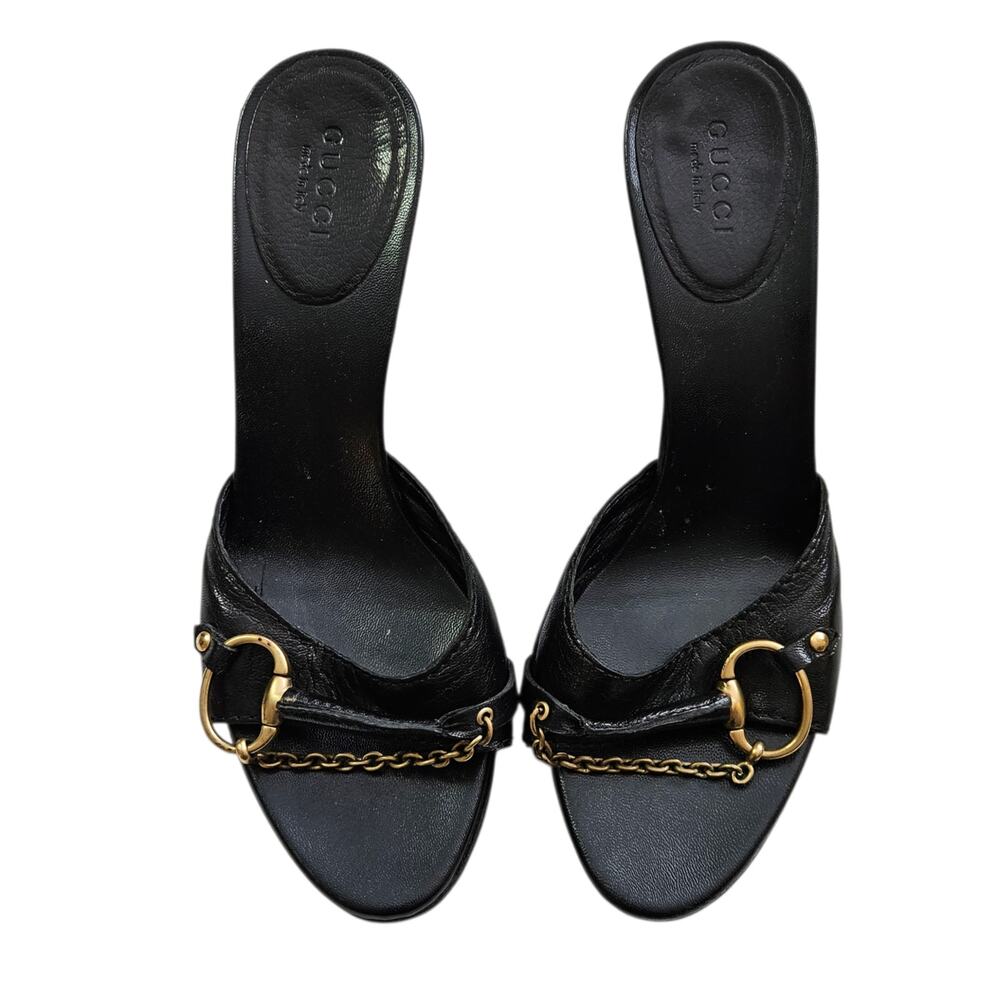 Y2k Gucci Kitten Heel Mules Black Leather Horsebit Gold - Size 36